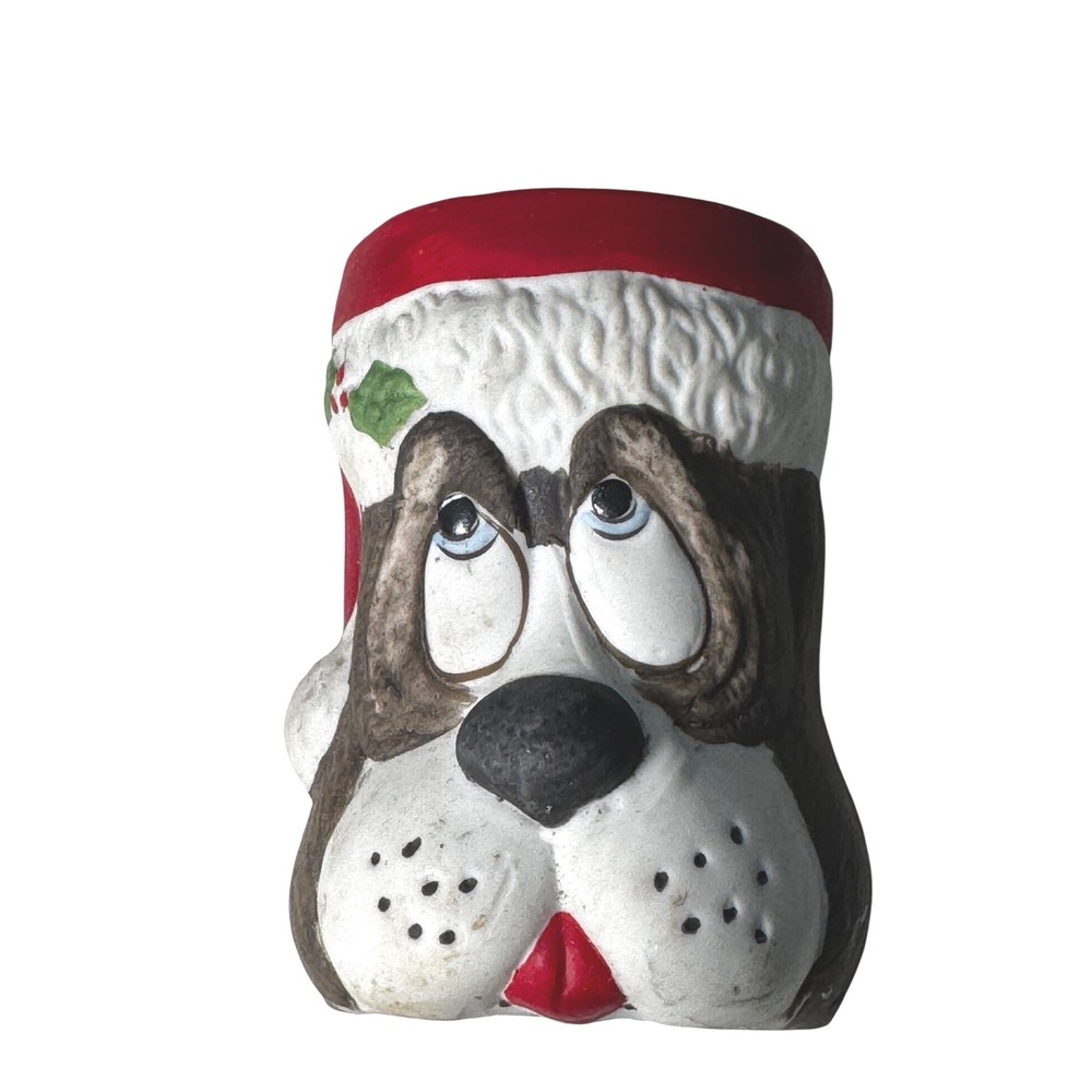 Sweet Keepers Dog‎ Christmas Santa Hat Bisque Porcelain Planter Jar 1980